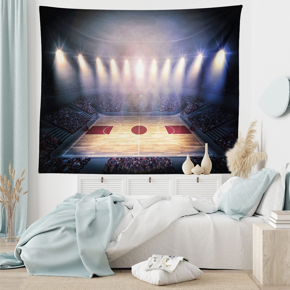 Ambesonne Basketball Tapestry King Size, Crowded Basketball Arena Just Before Game Starts Tournament Theme, Wall Hanging Bedspread Bed Cover Wall Decor, 104" X 88", Brown Beige