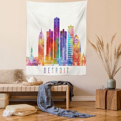 Ambesonne Detroit Tapestry Twin Size, Vibrant Colored Abstract Skyscrapers Modern Architecture Watercolor Style Landmarks, Wall Hanging Bedspread Bed Cover Wall Decor, 68" X 88", Ivory