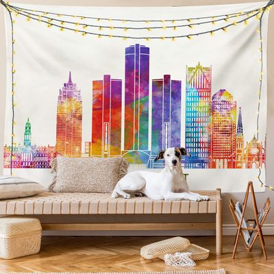Ambesonne Detroit Tapestry King Size, Vibrant Colored Abstract Skyscrapers Modern Architecture Watercolor Style Landmarks, Wall Hanging Bedspread Bed Cover Wall Decor, 104" X 88", Ivory