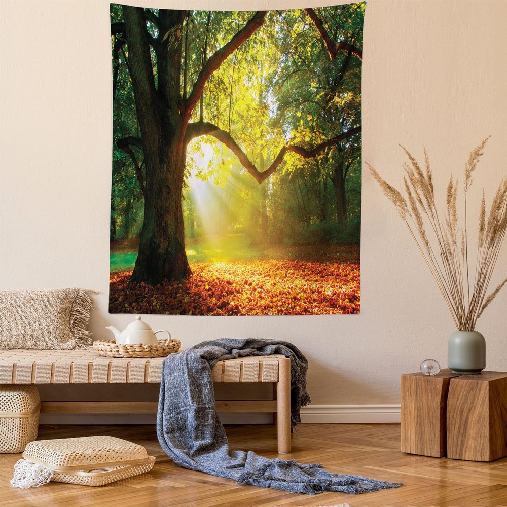 Ambesonne Leaves Tapestry Queen Size, Majestic Mighty Oak Tree with Largely Broader Leaves Forest Sun Rays Nature, Wall Hanging Bedspread Bed Cover Wall Decor, 88" X 88", Green Orange