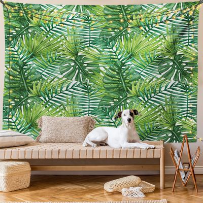 Ambesonne Leaf Tapestry King Size, Tropical Exotic Banana Forest Palm Tree Leaves Watercolor Design Image, Wall Hanging Bedspread Bed Cover Wall Decor, 104" X 88", Fern Green White