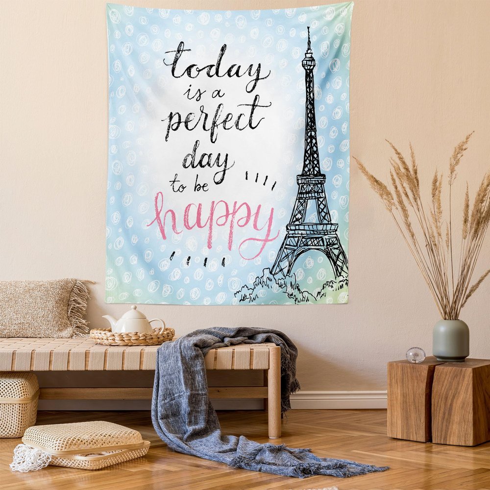 Ambesonne Eiffel Tower Tapestry Twin Size, Perfect Day Eiffel Tower Polka Dot Handwriting Typography Sketch Paris Print, Wall Hanging Bedspread Bed Cover Wall Decor, 68" X 88", Black Blue