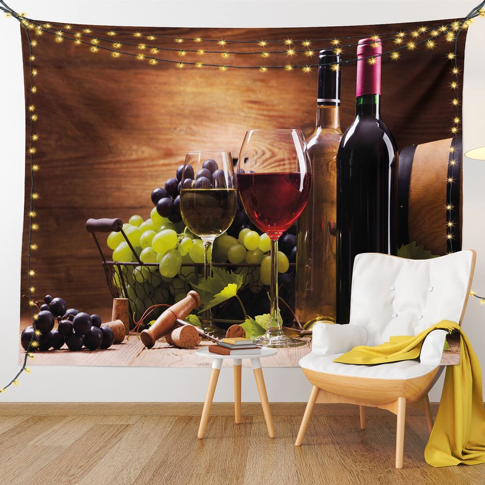 Ambesonne Wine Tapestry King Size, Glasses of Red and White Drink Served Grapes French Gourmet Tasting, Wall Hanging Bedspread Bed Cover Wall Decor, 104" X 88", Brown Ruby Pale Green