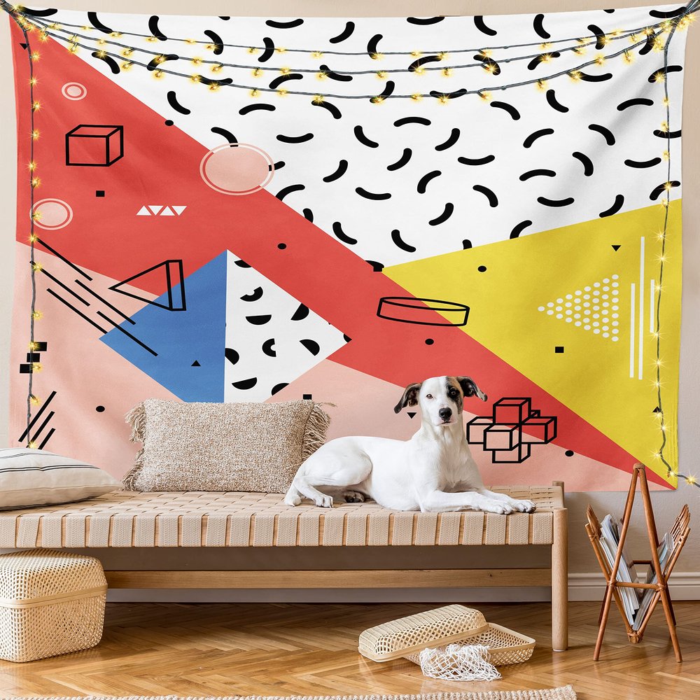 Ambesonne Abstract Tapestry King Size, Modern Geometric Trippy Triangles Cubes Circles Rollers Dots Print, Wall Hanging Bedspread Bed Cover Wall Decor, 104" X 88", Coral Pink