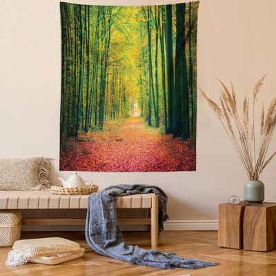 Ambesonne Forest Tapestry Twin Size, Pathway in Autumn Dramatic Road to Infinity Toned Warm Fall Colors Rural Scenery Print, Wall Hanging Bedspread Bed Cover Wall Decor, 68" X 88", Green Scarlet