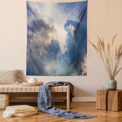 Ambesonne Clouds Tapestry Twin Size, Majestic Rain Storm Clouds Over The Sky High Above The Ground Environment Scenery, Wall Hanging Bedspread Bed Cover Wall Decor, Twin Size, Blue White
