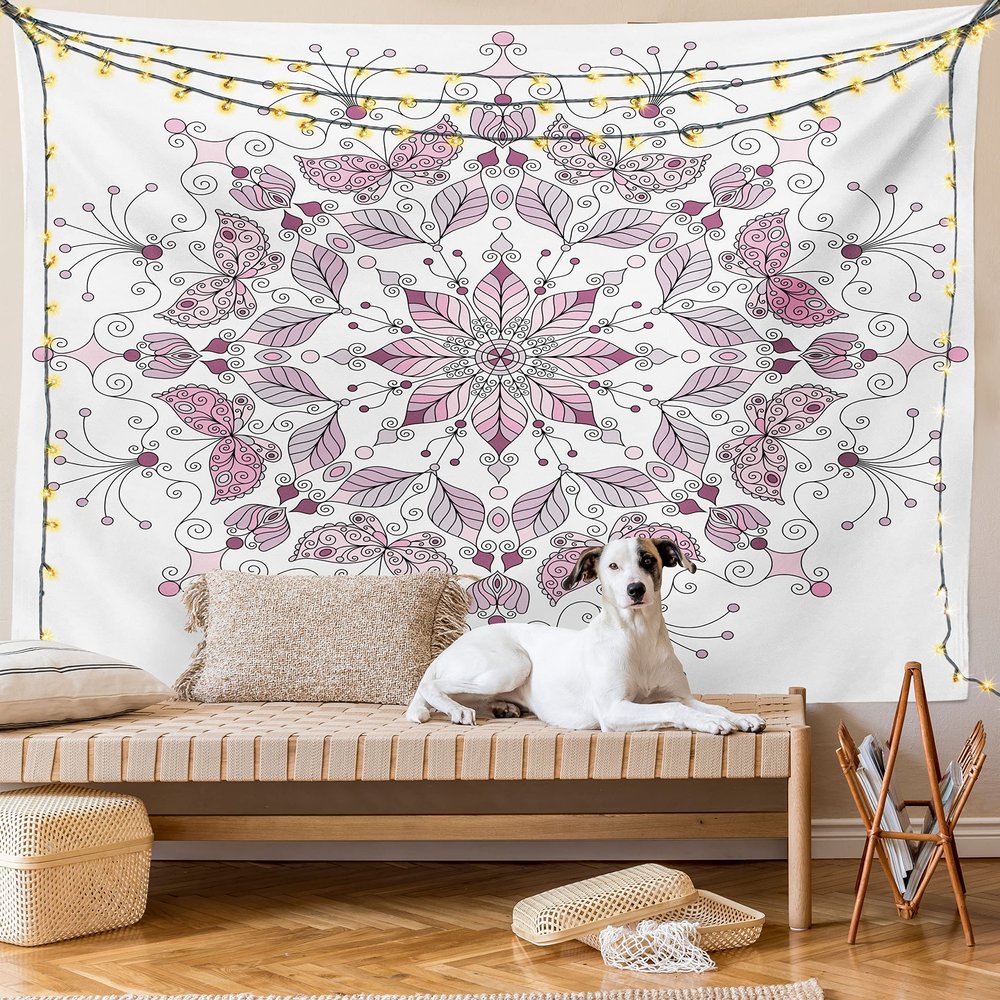 Ambesonne Mandala Tapestry King Size, Lacy Inspired Pastel Floral Motif with Butterfly and Lotus Branches Design, Wall Hanging Bedspread Bed Cover Wall Decor, 104" X 88", White Pale Pink