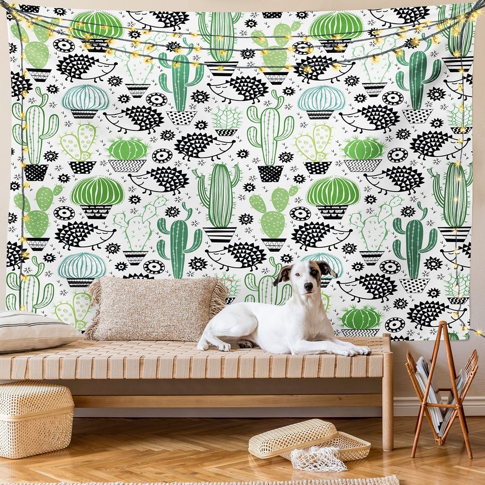 Ambesonne Cactus Tapestry King Size, Cartoon Style Inspired Drawing of Hedgehog Animals Saguaro and Prickly Pear, Wall Hanging Bedspread Bed Cover Wall Decor, 104" X 88", White Green