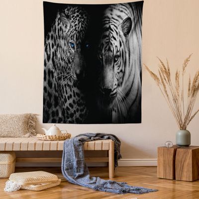 Ambesonne Leopard Tapestry Queen Size, Animal Eyes Aggressive Powerful Wildcat Profile Print Monochrome Design, Wall Hanging Bedspread Bed Cover Wall Decor, Queen Size, Black White Blue