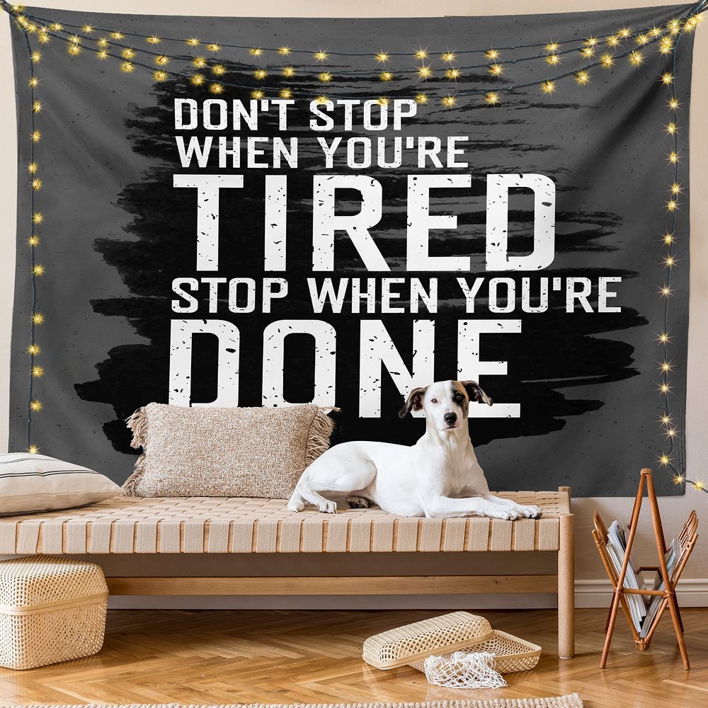 Ambesonne Fitness Tapestry King Size, Words Dont Stop Encouraging Keep Moving Brush Strokes, Wall Hanging Bedspread Bed Cover Wall Decor, 104" X 88", Charcoal Grey White