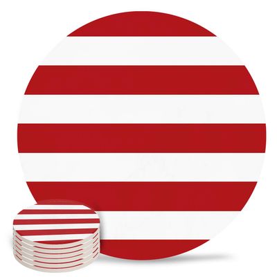 4" Ceramic Drink Coaster, Sinple Style Red and White Stripe Round Absorbent Cork Backing Bar Coaster for Wooden Table Housewarming Gift, Set of 6
