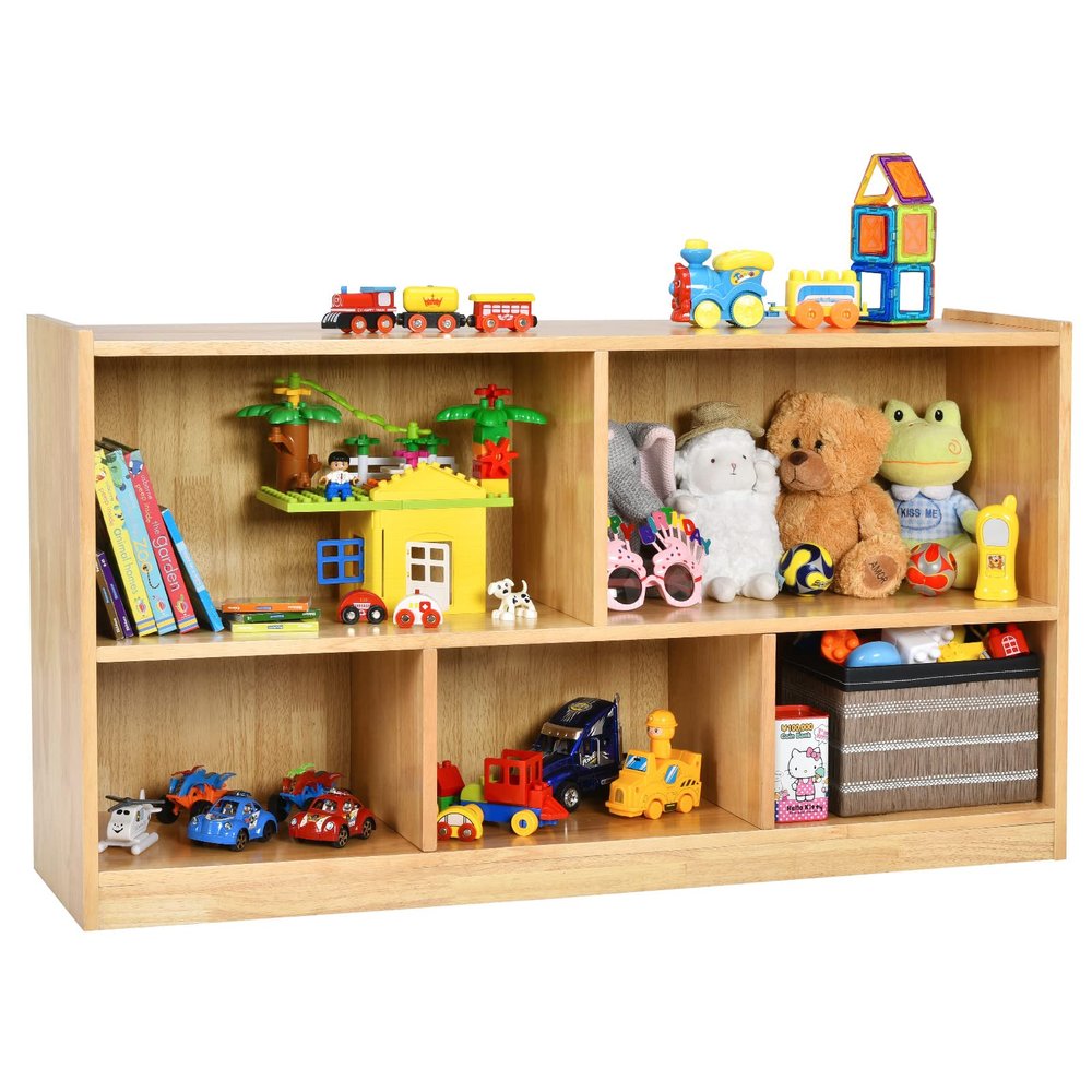 Costzon 2-Shelf Bookcase for Kids, Wooden Toy Storage Organizer for Books Toys, 5-Section Freestanding Classroom Daycare Montessori Bookshelf for Preschool, Home Playroom & Kindergarten (Burlywood)