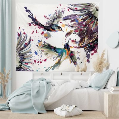 Ambesonne Hummingbird Tapestry King Size, Art Lily Flowers Birds and Color Splashes in Watercolor Painting Style, Wall Hanging Bedspread Bed Cover Wall Decor, King Size, Orange Blue
