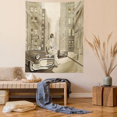 Ambesonne Jazz Music Tapestry Queen Size, Illustration of a Guitarist in an Old Street of New York Buildings Music Cityscape, Wall Hanging Bedspread Bed Cover Wall Decor, 88" X 88", Beige