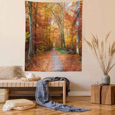 Ambesonne Fall Tapestry Twin Size, Pathway Covered Fallen Leaves Through Autumn Forest Vibrant Trees Print, Wall Hanging Bedspread Bed Cover Wall Decor, 68" X 88", Orange Yellow Green