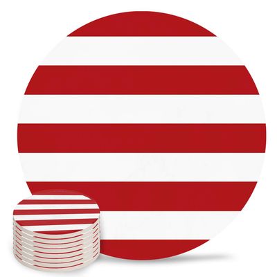 4" Ceramic Drink Coaster, Sinple Style Red and White Stripe Round Absorbent Cork Backing Bar Coaster for Wooden Table Housewarming Gift, Set of 8
