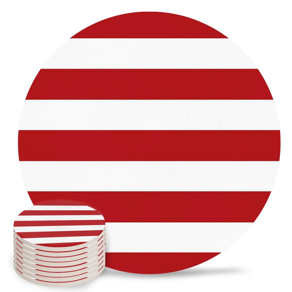 4" Ceramic Drink Coaster, Sinple Style Red and White Stripe Round Absorbent Cork Backing Bar Coaster for Wooden Table Housewarming Gift, Set of 8