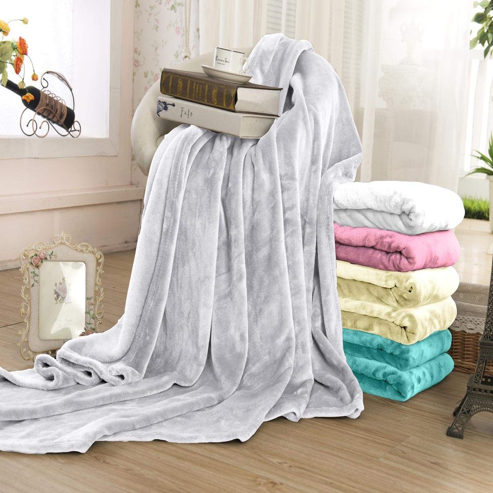 Comfort Cozy Flannel Fleece Throw Plush Blancket Lightweight Super Soft Bed, Sofa, Travel Blancket in (Light Silver, 90x90)