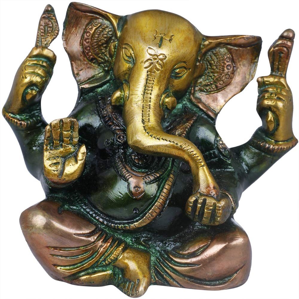 Exotic India Small Ganesha - Brass Statue - Color Brown Green Gold Color