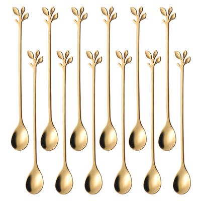 AnSaw 6.5" Elegant Leaf-Design Gold Coffee & Tea Spoons Set of 12- Long Handle Stainless Steel Stirring Spoons for Espresso, Iced Tea - Ideal Coffee Bar Accessories