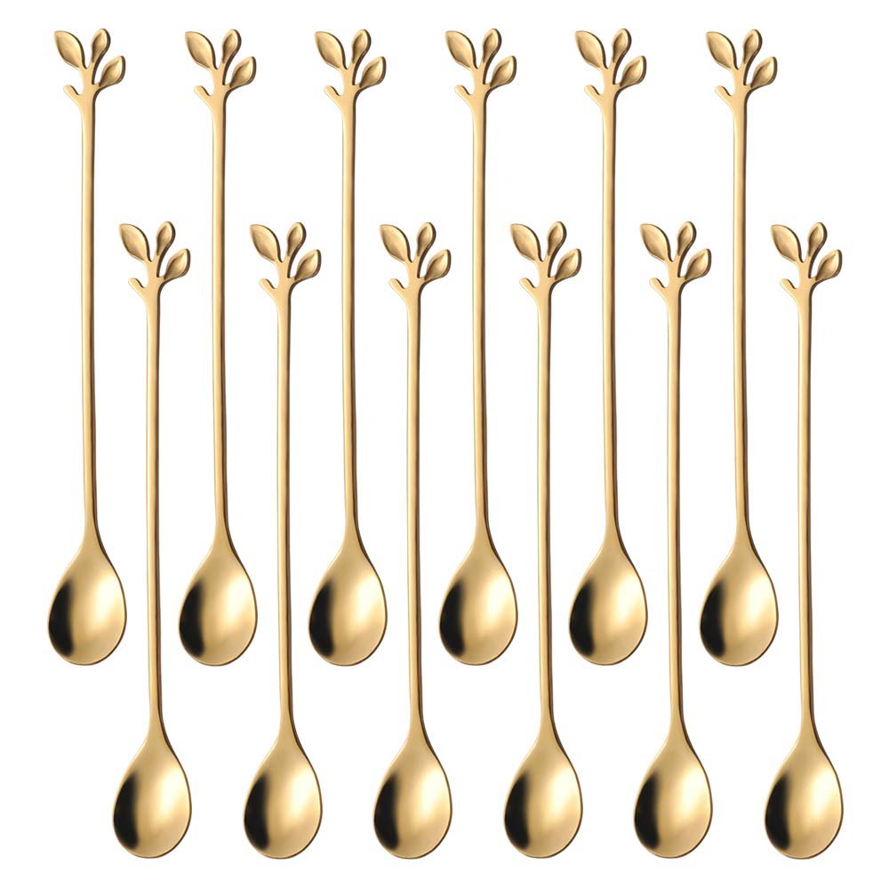 AnSaw 6.5" Elegant Leaf-Design Gold Coffee & Tea Spoons Set of 12- Long Handle Stainless Steel Stirring Spoons for Espresso, Iced Tea - Ideal Coffee Bar Accessories