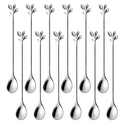 AnSaw 6.5" Elegant Leaf-Design Silver Coffee & Tea Spoons Set of 12- Long Handle Stainless Steel Stirring Spoons for Espresso, Iced Tea - Ideal Coffee Bar Accessories