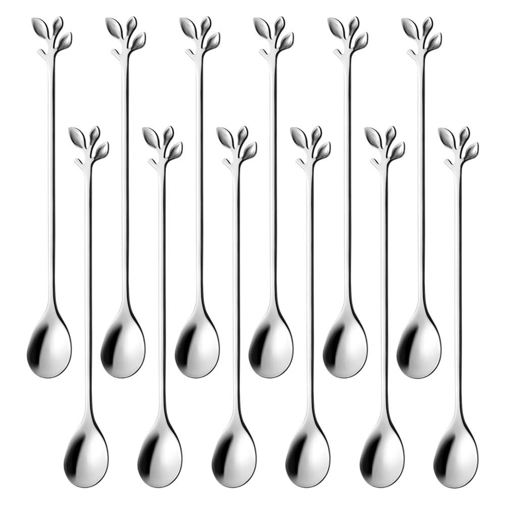 AnSaw 6.5" Elegant Leaf-Design Silver Coffee & Tea Spoons Set of 12- Long Handle Stainless Steel Stirring Spoons for Espresso, Iced Tea - Ideal Coffee Bar Accessories