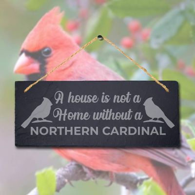 Stukk House Not Home Without Northern Cardinal Laser Hanging Bird Sign, Natural Engraved Slate Stone Plaque, 30x12cm