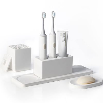 AUSAULAC Ceramic Toothbrush Holders for Bathrooms, White Bathroom Accessories Diatomite, Electric Toothbrush Holder Countertop with Toothbrush Holders, Soap Dish Set