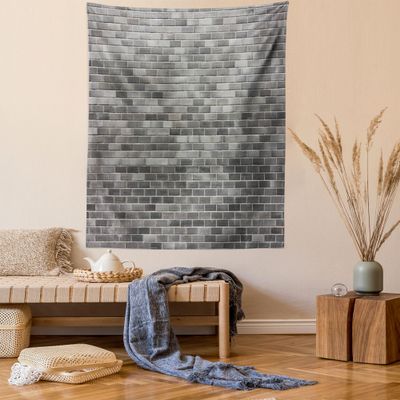 Ambesonne Grey and White Tapestry Twin Size, Modern Brick Wall Tiles Urban Construction Architecture Building Town Art Picture, Wall Hanging Bedspread Bed Cover Wall Decor, 68" X 88", Grey