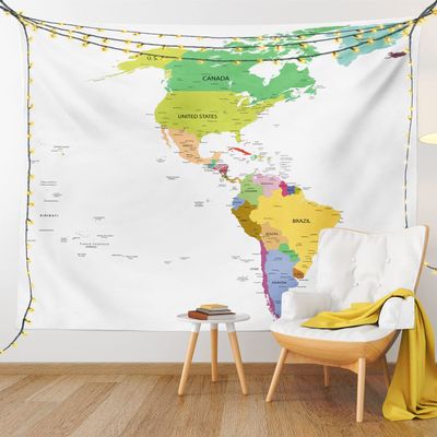 Ambesonne Map Tapestry King Size, Map of South and North America with Countries Capitals and Major Cities Colorful Design, Wall Hanging Bedspread Bed Cover Wall Decor, 104" X 88", Green White