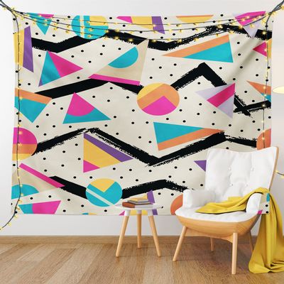 Ambesonne Indie Tapestry King Size, Eighties Memphis Fashion Style Geometric Abstract Colorful Design Dots Funky, Wall Hanging Bedspread Bed Cover Wall Decor, 104" X 88", Cream Pink