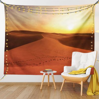 Ambesonne Desert Tapestry King Size, Footprints on Sand Dunes at Sunrise Hot Dubai Landscape Travel Destination, Wall Hanging Bedspread Bed Cover Wall Decor, 104" X 88", Dark Orange Yellow