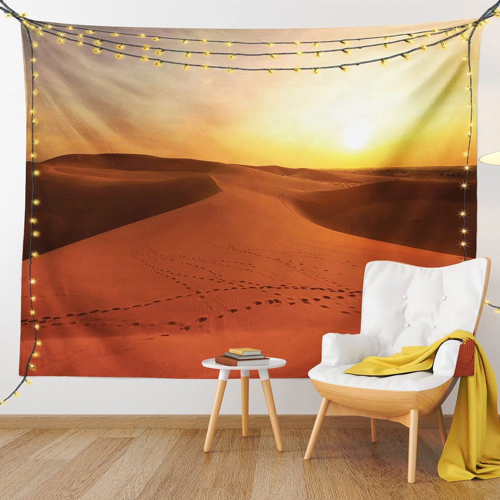 Ambesonne Desert Tapestry King Size, Footprints on Sand Dunes at Sunrise Hot Dubai Landscape Travel Destination, Wall Hanging Bedspread Bed Cover Wall Decor, 104" X 88", Dark Orange Yellow