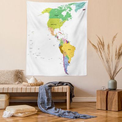 Ambesonne Map Tapestry Queen Size, Map of South and North America with Countries Capitals and Major Cities Colorful Design, Wall Hanging Bedspread Bed Cover Wall Decor, 88" X 88", Green White
