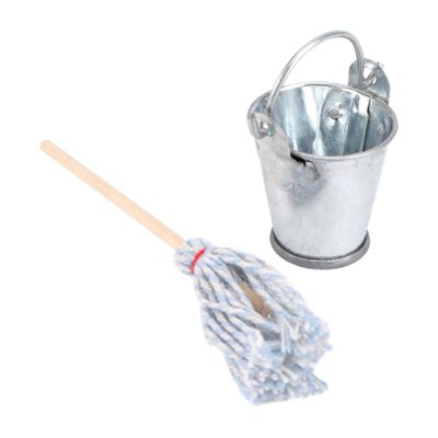 STOBOK 1 Set of Mini Iron Bucket and Wooden Mop, Small House Bedroom Kitchen Accessory Decoration- Blue Mop