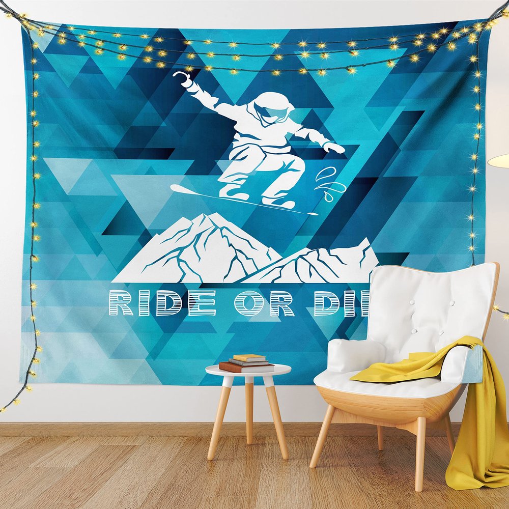 Ambesonne Adventure Tapestry King Size, Ride or Die Sketch Letters Abstract Fractal Backdrop with Snowboarding Man, Wall Hanging Bedspread Bed Cover Wall Decor, 104" X 88", Purple Blue White