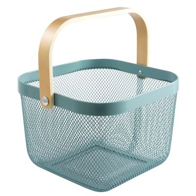 AJIODA Metal Mesh Steel Basket, Storage Organizer Basket Multi-functional Hanging Kitchen Baskets Fruit Basket Bin with Bamboo Handle for Kitchen Bathroom Picnic Shopping Decor Cabinet Home, Blue