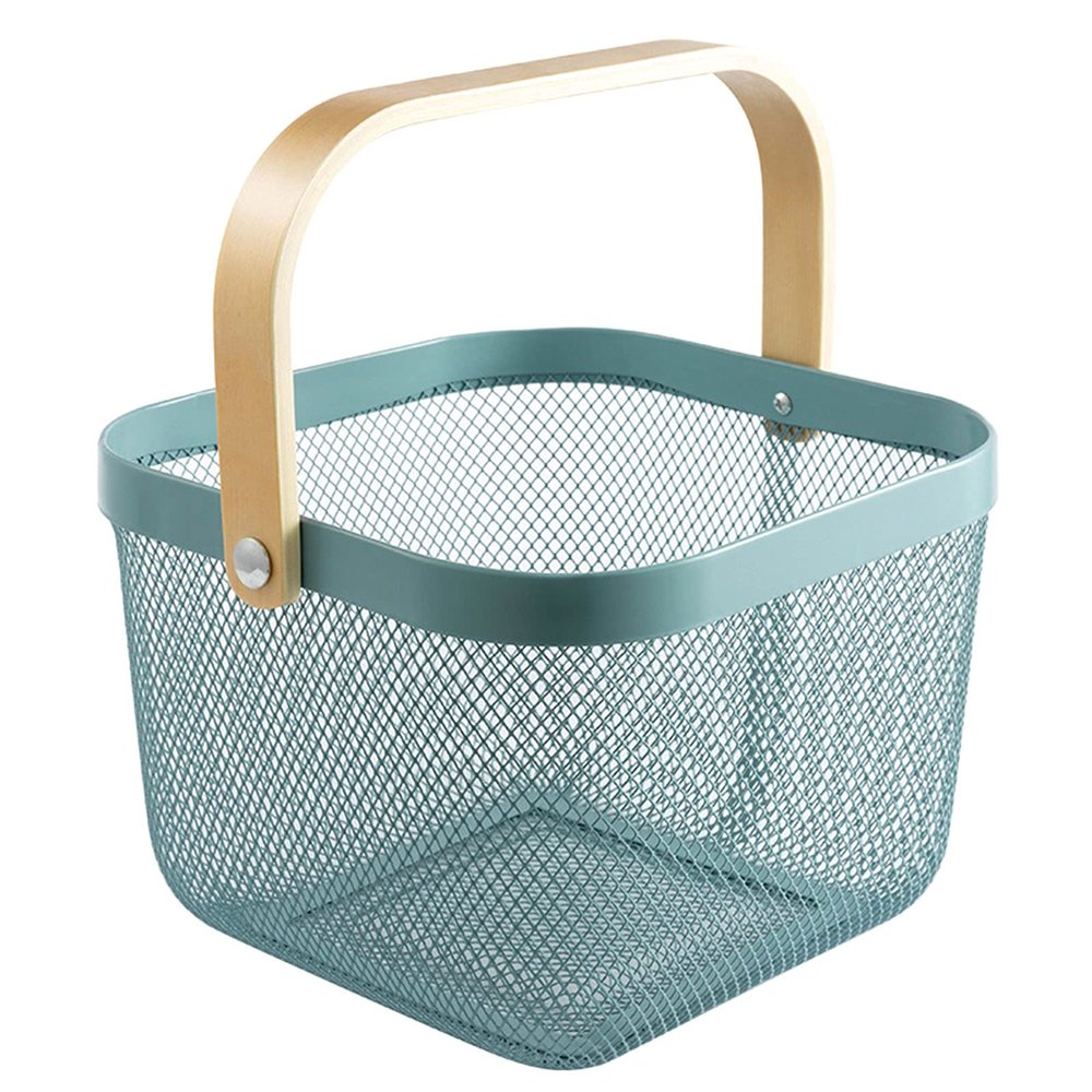 AJIODA Metal Mesh Steel Basket, Storage Organizer Basket Multi-functional Hanging Kitchen Baskets Fruit Basket Bin with Bamboo Handle for Kitchen Bathroom Picnic Shopping Decor Cabinet Home, Blue