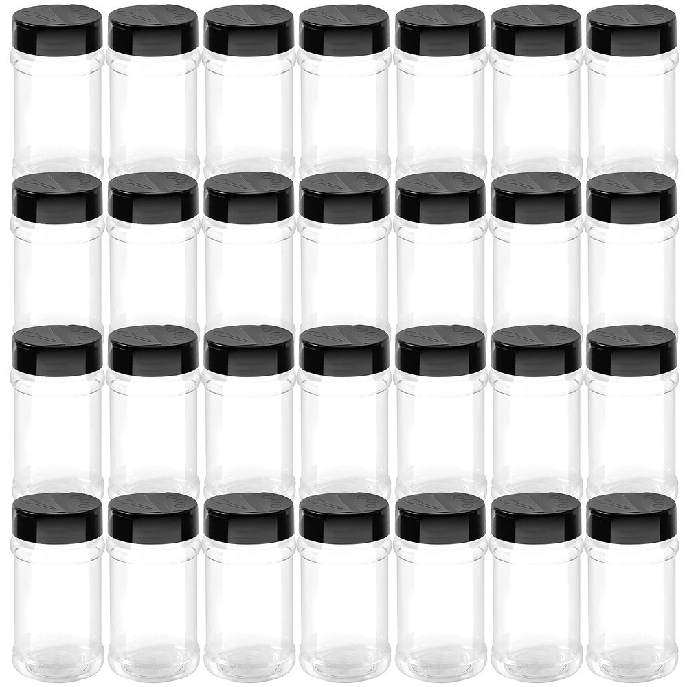 FUNSUEI 36 Pack 6 OZ Empty Clear Plastic Spice Bottles,Plastic Spice Jar with Black Shaker Cap and Shim,Seasoning Containers for Storing, Seasoning, Herbs and Powders
