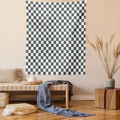 Ambesonne Checkered Tapestry Twin Size, Monochrome Composition Classical Chessboard Inspired Abstract Tile Print, Wall Hanging Bedspread Bed Cover Wall Decor, 68" X 88", Grey White