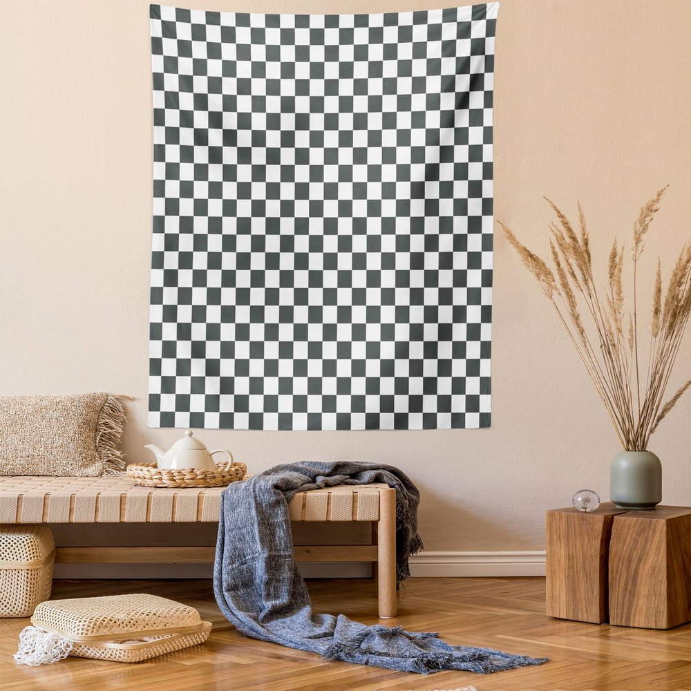 Ambesonne Checkered Tapestry Twin Size, Monochrome Composition Classical Chessboard Inspired Abstract Tile Print, Wall Hanging Bedspread Bed Cover Wall Decor, 68" X 88", Grey White