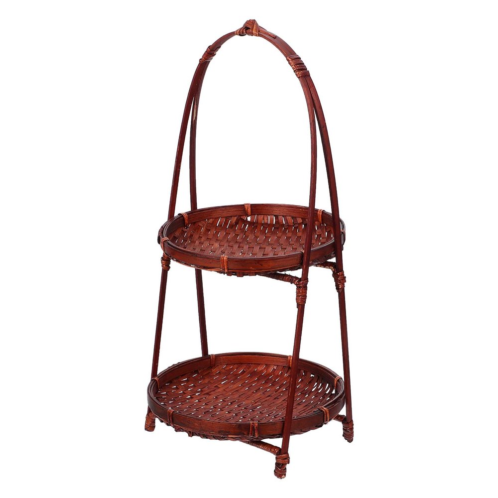 Round Woven Storage Basket Two-tiered Design for Fruits Snacks and Pastries Handwoven Natural Material Detachable Handle for Kitchen Organization and Serving