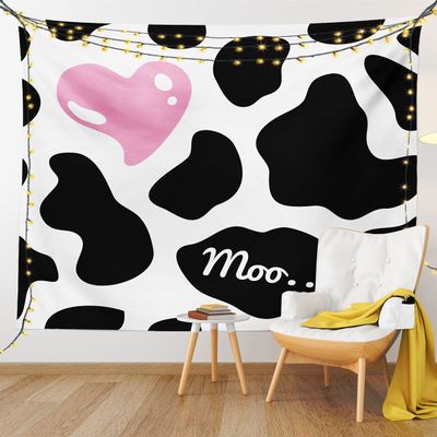 Ambesonne Cow Print Tapestry King Size, Camouflage Hide Skin Pattern in Pastel Color Shades Heart Shape Moo, Wall Hanging Bedspread Bed Cover Wall Decor, King Size, Pink Black White