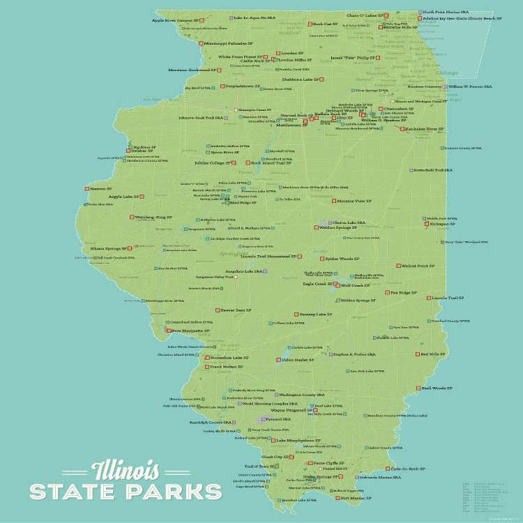 Illinois State Parks Checklist Map 18x24 Poster (Green & Aqua)