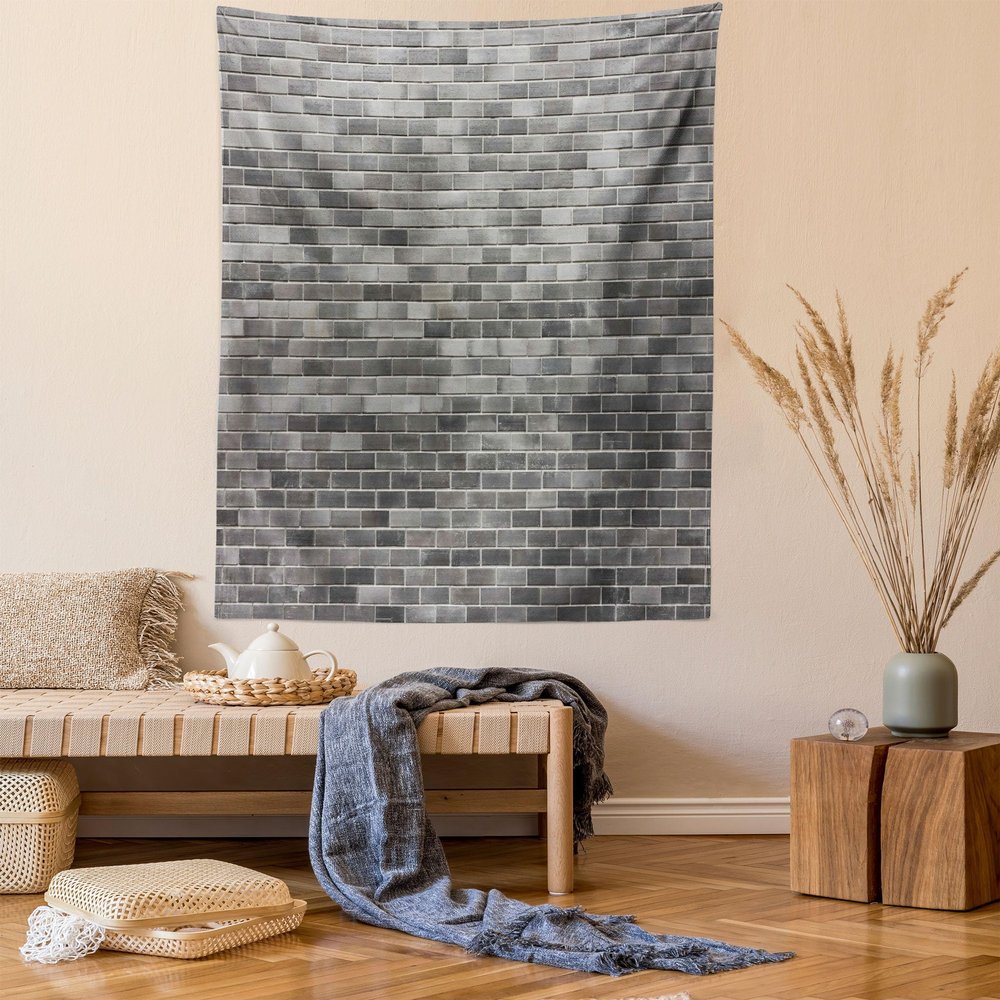 Ambesonne Grey and White Tapestry Queen Size, Modern Brick Wall Tiles Urban Construction Architecture Building Town Art Picture, Wall Hanging Bedspread Bed Cover Wall Decor, 88" X 88", Grey