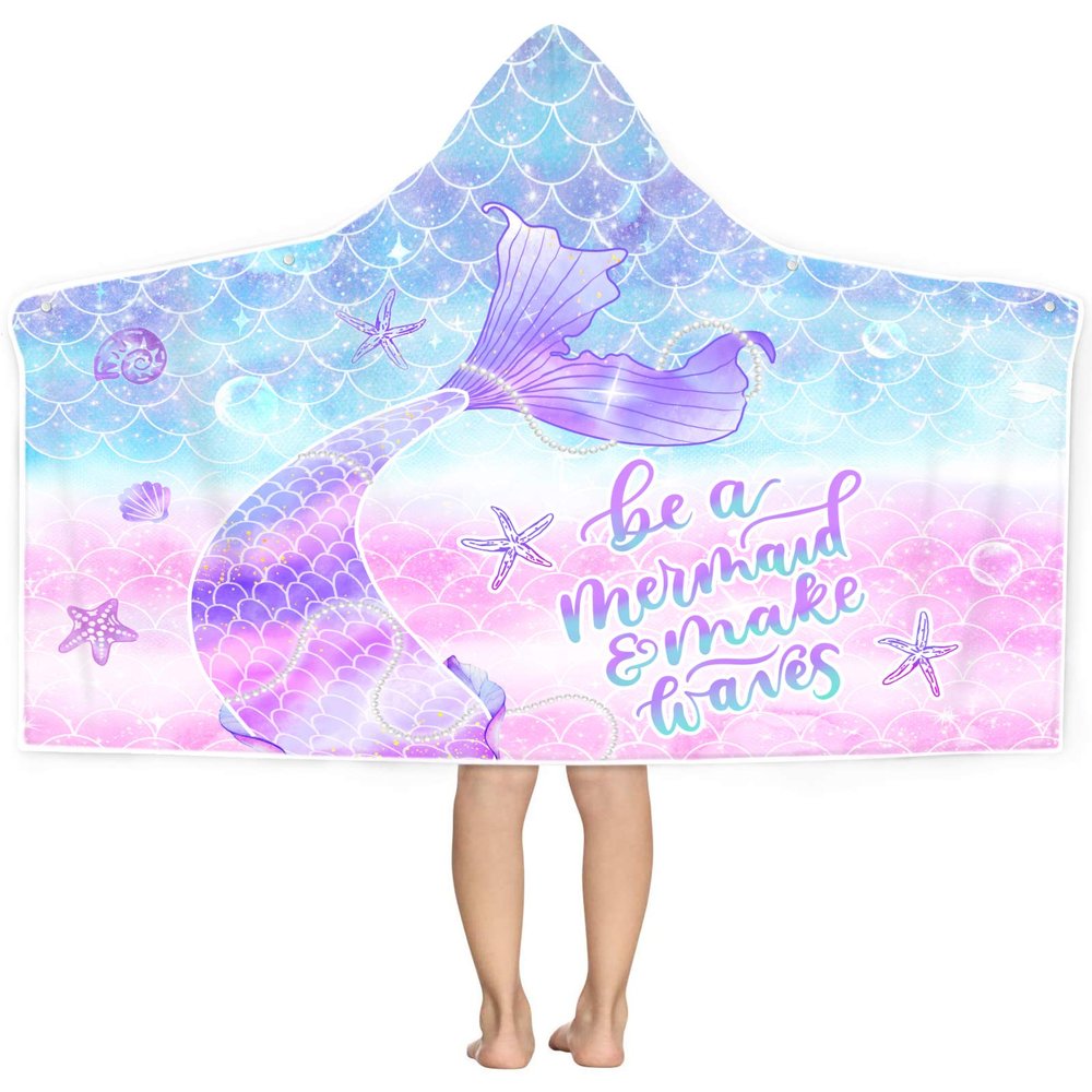 Bonsai Tree Mermaid Kids Beach Towel with Hood, Mermaid Tail Microfiber Hooded Poncho Towel for Girls 30x50, Mermaid Scales Pink Soft Absorbent Bath Towels Bathrobe for Swin Pool