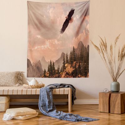 Ambesonne Eagle Tapestry Queen Size, Nature Photography of Rocky Mountains and Forest a Bird Flying over It, Wall Hanging Bedspread Bed Cover Wall Decor, 88" X 88", Rose Green