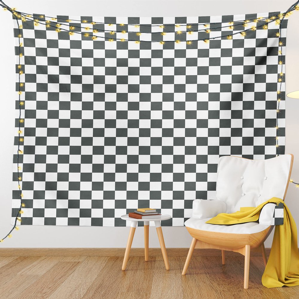 Ambesonne Checkered Tapestry King Size, Monochrome Composition Classical Chessboard Inspired Abstract Tile Print, Wall Hanging Bedspread Bed Cover Wall Decor, 104" X 88", Grey White
