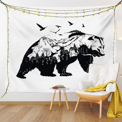 Ambesonne Bear Tapestry King Size, Mammal Silhouette Mountain Landscape Flying Birds and Forest Wildlife Design, Wall Hanging Bedspread Bed Cover Wall Decor, 104" X 88", White Charcoal